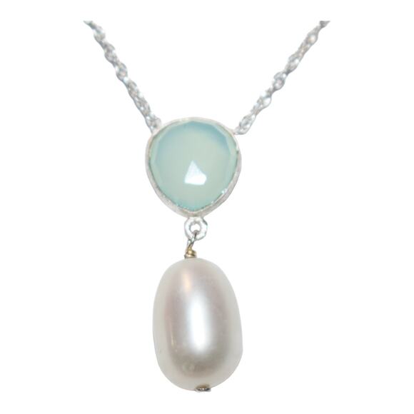 Genuine Aqua Chalcedony and Cultured White Freshwater Pearl Necklace - Picture 1 of 5